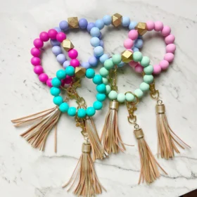 Lanyard Lovebirds silicone beaded wristlet keychain with faux leather tassel in assorted pastel colors