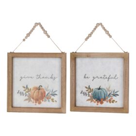 Wood Beaded Hanging Harvest Grateful Thankful Sentiment (Set of 2)